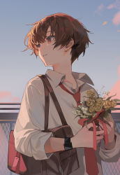 Rule 34 | 1boy, absurdres, bag, blue sky, bouquet, brown bag, brown eyes, brown hair, chyoel, copyright request, day, flower, highres, holding, indie utaite, long sleeves, male focus, necktie, outdoors, parted lips, red necktie, rose, shirt, short hair, shoulder bag, sky, smile, solo, upper body, utaite, watch, white shirt, wristwatch, yellow flower, yellow rose