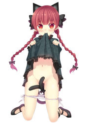 Rule 34 | 1girl, animal ears, biting, biting clothes, black bow, black footwear, blush, bow, braid, cat ears, cat tail, clothes lift, covering privates, covering crotch, dress, dress lift, extra ears, full body, green dress, hair bow, kaenbyou rin, kneeling, lifting own clothes, looking at viewer, mary janes, minamura haruki, multiple tails, navel, nekomata, panties, panty pull, red eyes, red hair, shoes, side-tie panties, smile, solo, tail, touhou, twin braids, two tails, underwear, white panties