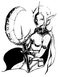 Rule 34 | 1girl, cape, ear piercing, earrings, fingerless gloves, gloves, greyscale, horns, jewelry, league of legends, looking at viewer, monochrome, n-desion, piercing, pointy ears, ponytail, single horn, solo, soraka (league of legends), staff, taishi (c+na), tattoo