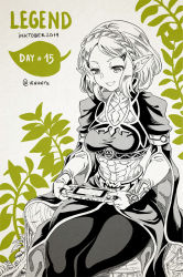 Rule 34 | 1girl, black legwear, braid, chair, english text, feet out of frame, fingerless gloves, french braid, gloves, hair ornament, hairclip, leaf, long sleeves, nintendo, nintendo switch, open mouth, plant, playing, pointy ears, princess zelda, short hair, sitting, smile, solo, the legend of zelda, the legend of zelda: breath of the wild, the legend of zelda: tears of the kingdom, triforce, video game, vinhnyu