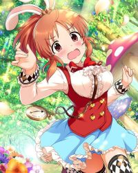 Rule 34 | 10s, 1girl, abe nana, alice in wonderland, animal ears, between breasts, blue skirt, blush, breasts, brown eyes, brown hair, checkered clothes, checkered legwear, flower, forest, frills, idolmaster, idolmaster cinderella girls, looking at viewer, mushroom, nature, official art, open mouth, outdoors, pocket watch, rabbit ears, running, skirt, solo, tears, thighhighs, watch