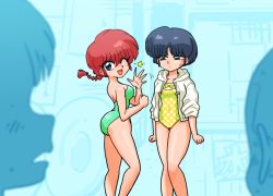 Rule 34 | 2girls, 2others, ass, bare legs, bare shoulders, black hair, blue eyes, blurry, blurry background, blush, braid, braided ponytail, breasts, brown eyes, casual one-piece swimsuit, depth of field, feet out of frame, flirting, genderswap, genderswap (mtf), green one-piece swimsuit, large breasts, legs together, looking at viewer, multiple girls, multiple others, one-piece swimsuit, one eye closed, open mouth, polka dot, polka dot swimsuit, ranma-chan, ranma 1/2, red hair, saotome ranma, shiny skin, short hair, single braid, smile, standing, strapless, strapless one-piece swimsuit, sweatdrop, swimsuit, tendou akane, wanta (futoshi), waving, white background, wink, yellow one-piece swimsuit