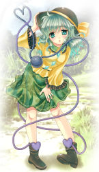 Rule 34 | 1girl, blush, female focus, full body, gradient background, grass, green eyes, green skirt, hand on headwear, hat, heart, komeiji koishi, leaning forward, looking at viewer, motatei, nature, open mouth, outdoors, plant, shirt, silver hair, skirt, sky, solo, string, striped clothes, striped skirt, third eye, touhou, white background