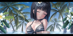 Rule 34 | 1girl, ^ ^, aconatsu (konatu-aomi), bare arms, bare shoulders, bathing, bikini, black choker, black hair, black hairband, blue sky, blunt bangs, blush, bob cut, breast hold, breasts, choker, cleavage, closed eyes, collarbone, day, doll joints, facing viewer, flower, hair flower, hair ornament, hairband, happy, head tilt, highres, joints, large breasts, letterboxed, open mouth, original, palm tree, partially submerged, plant, short hair, sky, solo, striped bikini, striped bikini top, striped clothes, swimsuit, tree, upper body, water, white flower
