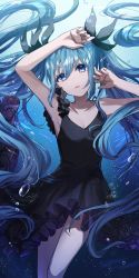 Rule 34 | 1girl, absurdres, armpits, ayatsuki hina, bare arms, black bow, black dress, blue eyes, blue hair, blue theme, bow, breasts, collarbone, commentary, dress, floating hair, hair between eyes, hair bow, hatsune miku, highres, long hair, open mouth, shinkai shoujo (vocaloid), short dress, sleeveless, sleeveless dress, small breasts, solo, twintails, underwater, very long hair, vocaloid