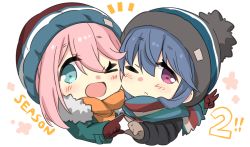 Rule 34 | &gt; o, 2girls, ;d, beanie, black headwear, black jacket, blue eyes, blue hair, blush, brown gloves, brown scarf, chibi, commentary request, fur-trimmed jacket, fur trim, gloves, green jacket, hair between eyes, hat, heart, heart hands, heart hands duo, highres, hizuki yayoi, jacket, kagamihara nadeshiko, long hair, long sleeves, looking at viewer, multiple girls, notice lines, one eye closed, open mouth, pink hair, purple eyes, red gloves, scarf, shima rin, simple background, smile, upper body, white background, yurucamp