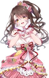 Rule 34 | 1girl, bare shoulders, blurry, blush, bow, breasts, brown hair, depth of field, detached sleeves, dot nose, dress, dress bow, flower, gloves, hair bow, hair flower, hair ornament, hair ribbon, hands on own face, hands up, highres, idolmaster, idolmaster cinderella girls, idolmaster cinderella girls starlight stage, layered dress, long hair, looking at viewer, medium breasts, one side up, open mouth, pink bow, pink dress, pink flower, pink ribbon, pink rose, red ribbon, ribbon, rose, shimamura uzuki, short sleeves, simple background, smile, solo, strapless, strapless dress, striped, striped bow, teeth, upper teeth only, white background, white gloves, white sleeves, yellow eyes, yellow flower, yellow rose, yuanagae
