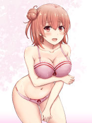 Rule 34 | 10s, 1girl, :d, bare arms, bare shoulders, blush, bra, breast hold, breasts, brown eyes, cleavage, collarbone, cowboy shot, frilled bra, frills, hair between eyes, hair bun, highres, inanaki shiki, large breasts, leaning forward, looking at viewer, medium breasts, navel, open mouth, orange hair, panties, pink bra, pink panties, short hair, single hair bun, smile, solo, standing, stomach, underwear, underwear only, yahari ore no seishun lovecome wa machigatteiru., yuigahama yui