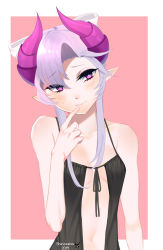 Rule 34 | 1girl, absurdres, black dress, blush, breasts, dress, grand chase, head tilt, highres, horns, pink background, pointy ears, purple eyes, purple hair, rasel coriander (grand chase), shinosatsu, short hair, small breasts, solo, stomach, tagme