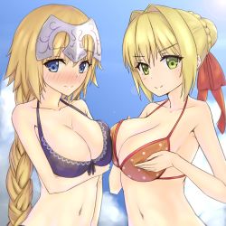 Rule 34 | 10s, 2girls, ahoge, alternate costume, arm at side, bare arms, bare shoulders, bikini, blonde hair, blue eyes, blush, braid, breast hold, breast press, breasts, cloud, cloudy sky, collarbone, day, elfenlied22, eyebrows, fate/apocrypha, fate/extra, fate/grand order, fate (series), green eyes, hair bun, hair intakes, headpiece, highres, jeanne d&#039;arc (fate), jeanne d&#039;arc (ruler) (fate), large breasts, light smile, long hair, looking at viewer, midriff, multiple girls, navel, nero claudius (fate), nero claudius (fate) (all), nero claudius (fate/extra), purple bikini, red bikini, single braid, single hair bun, sky, smile, stomach, swimsuit, symmetrical docking, upper body