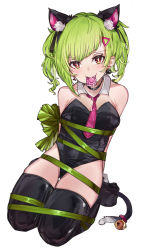 Rule 34 | 1girl, animal ear fluff, animal ears, appleseed (appleseed art), bare shoulders, bell, black leotard, black thighhighs, blush, bound, breasts, cat ears, cat tail, condom, condom in mouth, condom wrapper, delutaya, detached collar, earrings, fake animal ears, green ribbon, grey hair, highres, indie virtual youtuber, jewelry, jingle bell, leotard, medium breasts, medium hair, mouth hold, necktie, red eyes, red necktie, ribbon, ribbon bondage, saliva, simple background, solo, strapless, strapless leotard, tail, tail bell, tail ornament, thighhighs, triangle hair ornament, virtual youtuber, white background