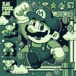Rule 34 | 1boy, absurdres, anniversary, coin, facial hair, fire flower, gloves, gold coin, grin, hand up, hat, highres, jumping, mario, mario (series), mario day, mustache, nintendo, open mouth, overalls, pixel art, smile, super star (mario), super mario bros. 1, super mushroom, warp pipe