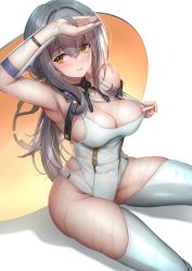 Rule 34 | 1girl, arm guards, armpits, blush, breasts, brick (atelier brick), cleavage, commentary, covered navel, english commentary, eyelashes, feet out of frame, goddess of victory: nikke, grey hair, hair between eyes, hair intakes, highres, hip vent, holding, holding own hair, leotard, leotard pull, long hair, looking at viewer, medium breasts, orange eyes, parted lips, ponytail, pulled by self, revision, rope, scarlet (nikke), sideboob, sidelocks, simple background, sitting, skindentation, smile, solo, thighhighs, thighs, wet, wet clothes, wet hair, white background, white leotard, white thighhighs
