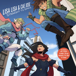 Rule 34 | 1girl, 2boys, album cover, black hair, blonde hair, blue eyes, blue jacket, boots, brown hair, caesar anthonio zeppeli, cover, crop top, denim, detached sleeves, dress, earrings, elbow gloves, facial mark, fake cover, feather hair ornament, feathers, fingerless gloves, floating, gloves, green eyes, green scarf, grin, hair ornament, headband, highres, hoop earrings, jacket, jeans, jewelry, jojo no kimyou na bouken, joseph joestar, joseph joestar (young), jumping, knee boots, knee pads, lipstick, lisa lisa, makeup, male focus, multicolored clothes, multicolored scarf, multiple boys, norue, off-shoulder dress, off shoulder, pants, red scarf, scarf, smile, striped clothes, striped scarf, triangle print, yellow scarf