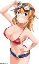 Rule 34 | 1girl, absurdres, artist name, bikini, blue eyes, blue shorts, blush, breasts, brown hair, charlotte e. yeager, cleavage, collarbone, goggles, goggles on head, grin, hand on own hip, highres, hiroshi (hunter-of-kct), large breasts, long hair, looking at viewer, navel, open clothes, open shorts, panties, red bikini, shorts, simple background, smile, solo, standing, strike witches, swimsuit, underwear, white background, white panties, world witches series