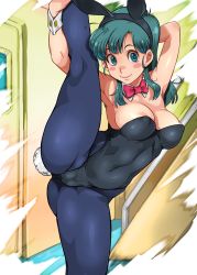 Rule 34 | 1girl, :&gt;, animal ears, areola slip, arm above head, armpits, arms up, bare shoulders, blue eyes, blush, bow, bowtie, breasts, bulma, cameltoe, cleavage, covered erect nipples, detached collar, dragon ball, dragon ball (classic), fake animal ears, fake tail, female focus, green hair, groin, happy, highres, indoors, legs, leotard, long hair, looking at viewer, medium breasts, pantyhose, playboy bunny, pussy, rabbit ears, rabbit tail, red neckwear, sakuradou, smile, solo, split, standing, standing on one leg, standing split, tail, thighs, wrist cuffs