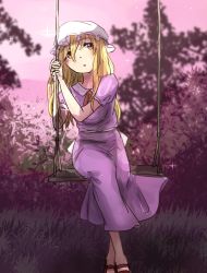 Rule 34 | 1girl, blonde hair, dress, full body, grass, hat, highres, long hair, maribel hearn, minus (sr mineka), mob cap, nature, one-hour drawing challenge, open mouth, outdoors, purple dress, shoes, short sleeves, sitting, sky, solo, swing, touhou, white hat