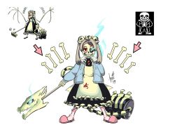 Rule 34 | apron, avielsusej, black dress, blood, blood on clothes, bloody marie (skullgirls), blue eyes, blue jacket, bone, brown hair, commentary, dress, english commentary, flaming eye, fusion, grin, hair ornament, heterochromia, holding, holding weapon, jacket, long hair, looking at viewer, pink footwear, pink socks, red eyes, sans, skull, skull hair ornament, skullgirls, slippers, smile, socks, trait connection, twintails, undertale, weapon