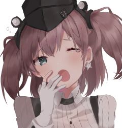 Rule 34 | atlanta (kancolle), black hat, collared shirt, earrings, garrison cap, hat, highres, jewelry, kantai collection, shirt, single earring, solo, tagme, white background, yawning