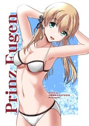 Rule 34 | 1girl, anchor hair ornament, aqua eyes, arms behind head, arms up, artist name, bikini, blonde hair, blue background, border, breasts, character name, cleavage, collarbone, commentary request, cowboy shot, dated, hair ornament, halterneck, head tilt, highres, kagutsuchi (victoragna), kantai collection, looking at viewer, medium breasts, navel, prinz eugen (kancolle), smile, solo, swimsuit, twintails, twitter username, two-tone background, white bikini, white border