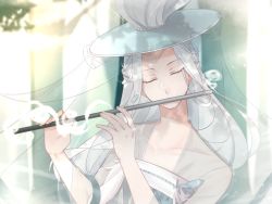 Rule 34 | 1girl, blue dress, blue hat, chio (akiciou), closed eyes, closed mouth, cloud tea (food fantasy), dress, flute, food fantasy, grey hair, hands up, hat, holding, holding instrument, instrument, long hair, long sleeves, music, playing instrument, see-through, solo, very long hair