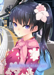 Rule 34 | 10s, 1girl, 2013, :o, amasora taichi, black hair, floral print, flower, hair flower, hair ornament, happy new year, holding, japanese clothes, kimono, long hair, looking at viewer, new year, open mouth, original, pouch, purple eyes, snow, solo