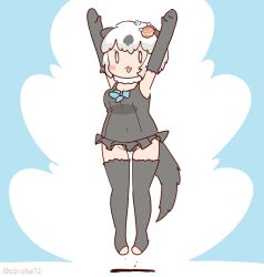Rule 34 | 1girl, animal ears, arms up, blue background, californian sea otter (kemono friends), coroha, elbow gloves, extra ears, full body, gloves, hair ornament, jumping, kemono friends, looking at viewer, otter ears, otter girl, otter tail, scarf, short hair, simple background, solo, swimsuit, tail, thighhighs, white hair