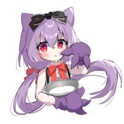Rule 34 | 1girl, :o, animal ears, black bow, bow, copyright request, cropped torso, floating hair, food, food on face, gloves, hair between eyes, hair bow, long hair, long sleeves, looking at viewer, low twintails, mixing bowl, parted lips, purple gloves, purple hair, red bow, red eyes, shirt, siera (sieracitrus), simple background, solo, twintails, upper body, very long hair, white background, white shirt