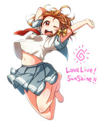 Rule 34 | 10s, 1girl, ;d, arms up, bad id, bad pixiv id, barefoot, blouse, bow, braid, copyright name, english text, full body, hair bow, highres, hotechige, jumping, looking at viewer, love live!, love live! sunshine!!, midriff, navel, necktie, one eye closed, open mouth, outstretched arms, pleated skirt, school uniform, serafuku, shirt, side braid, simple background, skirt, sleeves rolled up, smile, solo, takami chika, tie clip, tongue, uranohoshi school uniform, white background, white shirt