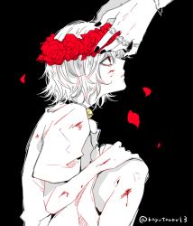 Rule 34 | 2boys, awara kayu, bell, big madame (tokyo ghoul), black background, black choker, black nails, blood, blood on face, bracelet, choker, commentary request, feet out of frame, flower, from side, hair flower, hair ornament, jewelry, knees up, multiple boys, nail polish, neck bell, petals, red flower, short hair, short sleeves, simple background, solo focus, spoilers, spot color, suzuya juuzou, tokyo ghoul, tokyo ghoul:re, trap
