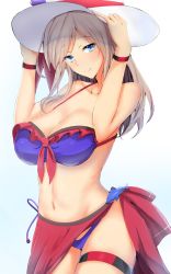 Rule 34 | 1girl, alternate costume, blue eyes, breasts, chiyo (pk19981234), cleavage, dolphin, fate (series), grey hair, hair down, hat, large breasts, long hair, looking at viewer, miyamoto musashi (fate), navel, smile, solo, standing, swimsuit, white background