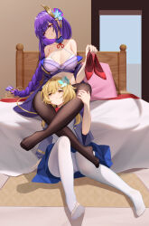 Rule 34 | 2girls, absurdres, bare shoulders, bedroom, black pantyhose, blonde hair, braid, breasts, brown eyes, bustier, cleavage, feet, femdom, genshin impact, highres, holding, holding clothes, holding footwear, indoors, large breasts, leg lock, legs, looking at another, low-braided long hair, low-tied long hair, luai, lumine (genshin impact), multiple girls, no shoes, pantyhose, pout, purple eyes, purple hair, raiden shogun, smile, soles, toes, white pantyhose, yuri