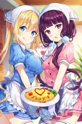 Rule 34 | 2girls, :q, apron, blend s, blonde hair, blue eyes, blue shirt, blue skirt, blush, breasts, brick wall, chestnut mouth, closed mouth, commentary, copyright name, finger to mouth, food, frilled apron, frills, gloves, head scarf, head tilt, heart, hinata kaho, hitsukuya, holding, holding plate, indoors, large breasts, long hair, looking at viewer, low twintails, multiple girls, omelet, omurice, parted lips, pink shirt, pink skirt, plate, pleated skirt, puffy short sleeves, puffy sleeves, purple eyes, purple hair, sakuranomiya maika, shirt, short sleeves, skirt, small breasts, smile, stile uniform, thighhighs, tongue, tongue out, twintails, uniform, very long hair, waist apron, waitress, white apron, white gloves, white legwear