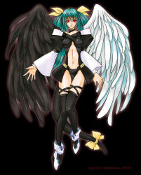 Rule 34 | 1girl, arc system works, asymmetrical wings, dizzy (guilty gear), green hair, guilty gear, red eyes, ribbon, solo, tail, tail ornament, tail ribbon, thighhighs, wings