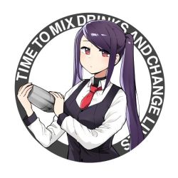 Rule 34 | 1girl, bartender, catchphrase, cocktail shaker, commentary, english commentary, english text, jill stingray, junsuina fujunbutsu, long hair, necktie, purple hair, red eyes, red necktie, solo, twintails, va-11 hall-a, white background