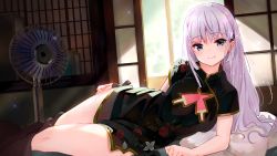 Rule 34 | 1girl, arm support, backlighting, black dress, blue eyes, blush, breasts, china dress, chinese clothes, cleavage cutout, clothing cutout, commentary request, commission, dress, electric fan, floral print, highres, indoors, long hair, looking at viewer, lying, naruse shiroha, on bed, on side, purple hair, skeb commission, solo, summer pockets, tagame (tagamecat), thighs, very long hair