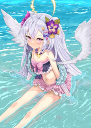 Rule 34 | 1girl, angel wings, azusa (blue archive), azusa (swimsuit) (blue archive), beach, bikini, blue archive, blush, breasts, collar, flower, hair between eyes, hair flower, hair ornament, halo, highres, legs, long hair, mg42cat-k1ng, ocean, outdoors, pink eyes, silver hair, sitting, small breasts, swimsuit, twintails, water, wet, wings