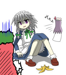 Rule 34 | 3girls, bad id, bad pixiv id, banana peel, female focus, hong meiling, immaterial and missing power, izayoi sakuya, multiple girls, nyantalab, patchouli knowledge, purple eyes, purple hair, red hair, scared, silver hair, touhou