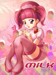 Rule 34 | 1girl, bemani, english text, food, food-themed clothes, fruit, heart, lowres, milk (pop&#039;n music), pigeon-toed, pink hair, pink thighhighs, pop&#039;n music, short sleeves, solo, strawberry, thighhighs, zettai ryouiki
