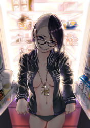 Rule 34 | 1girl, arms at sides, backlighting, black panties, bottomless, breasts, cleavage, cowboy shot, glasses, head tilt, highres, jacket, jewelry, long hair, manji (symbol), necklace, no bra, no pants, original, panties, purple eyes, purple hair, refrigerator, refrigerator interior, shiori (moechin), solo, standing, tagme, underwear