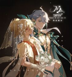 Rule 34 | 2boys, alhaitham (genshin impact), aqua eyes, artist name, bishounen, blonde hair, bouquet, bride, brown background, brown hair, closed mouth, crossdressing, dress, earrings, facing to the side, flower, genshin impact, gloves, grey hair, hair bun, holding, holding bouquet, holding hands, jewelry, kaveh (genshin impact), looking at another, male bride, male focus, multicolored hair, multiple boys, ncean, necklace, red eyes, red scarf, scarf, white dress, white flower, white gloves, yaoi