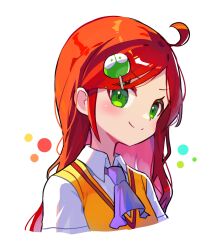 Rule 34 | 1girl, absurdres, ahoge, andou ringo, ascot, blob, closed mouth, collared shirt, commentary, green eyes, happy, highres, long hair, offbeat, purple ascot, puyo (puyopuyo), puyopuyo, red hair, shirt, short sleeves, simple background, smile, solo, symbol-only commentary, upper body, very long hair, vest, white background, white shirt, yellow vest