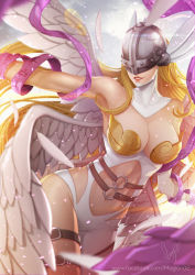 Rule 34 | 1girl, angel wings, angewomon, armpits, artist name, bare shoulders, belt, blonde hair, breasts, cleavage, clothing cutout, covered eyes, digimon, digimon (creature), facebook username, feathered wings, female focus, helmet, helmet over eyes, hip focus, large breasts, lips, long hair, magion02, md5 mismatch, multiple wings, navel, navel cutout, o-ring, parted lips, realistic, resolution mismatch, signature, smile, solo, source smaller, standing, teeth, thigh strap, watermark, web address, white wings, winged helmet, wings