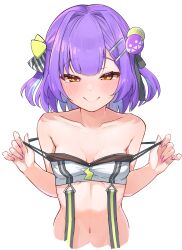 Rule 34 | 1girl, absurdres, bare shoulders, blue hair, blush, breasts, collarbone, hair bobbles, hair intakes, hair ornament, hairclip, highres, hinomori anzu, indie virtual youtuber, looking at viewer, medium hair, multicolored hair, navel, omattya umyao, orange eyes, pink nails, pulling own clothes, purple hair, seductive smile, simple background, small breasts, smile, solo, sports bra, stomach, strap pull, streaked hair, undressing, upper body, virtual youtuber, white background
