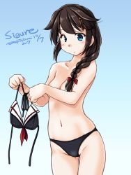 Rule 34 | 1girl, adapted costume, bikini, unworn bikini top, black bikini, black hair, blue background, blue eyes, braid, breasts, character name, covering privates, covering breasts, cowboy shot, dated, gradient background, hair flaps, hair over shoulder, kantai collection, shigure (kancolle), shigure kai ni (kancolle), single braid, small breasts, solo, swimsuit, tatsumi ray, topless, twitter username