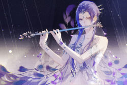 Rule 34 | 1girl, absurdres, bare shoulders, bracelet, dress, flute, hair ornament, highres, instrument, jewelry, looking at viewer, multicolored background, needle, peacock feathers, purple hair, qinshi mingyue, solo, upper body, white dress, zi nu (qin shi ming yue), zi nu zhuye jun