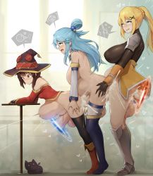 Rule 34 | 3girls, aqua (konosuba), armor, ass, ass grab, bandaged leg, bandages, bare shoulders, bent over, black gloves, black legwear, blonde hair, blue eyes, blue hair, blush, boots, bottomless, breasts, brown hair, cat, chomusuke, cum, cum inflation, darkness (konosuba), detached sleeves, doggystyle, dress, excessive cum, fff threesome, fingerless gloves, from side, full body, futanari, gloves, group sex, hat, heart, highres, huge penis, huge testicles, impregnation, inflation, kono subarashii sekai ni shukufuku wo!, large breasts, large insertion, large testicles, long hair, love train, lucky pierre, megumin, motion blur, multiple girls, nipples, nude, open mouth, orgasm, penis, portal (object), portal sex, recursion, red dress, red eyes, sex, sex from behind, short hair with long locks, sinensian, single thighhigh, small breasts, smile, spoken heart, stomach bulge, table, testicles, thigh boots, thighhighs, threesome, uncensored, white legwear, witch hat