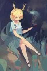 Rule 34 | 1girl, absurdres, black footwear, blonde hair, blue shirt, closed mouth, collarbone, crossed legs, dragon horns, dragon tail, green skirt, highres, holding, holding smoking pipe, horns, housulu, kicchou yachie, otter spirit (touhou), red eyes, shirt, shoes, short hair, short sleeves, sitting, skirt, smoking pipe, solo, sunglasses, tail, touhou, turtle shell, yellow horns