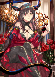 Rule 34 | 1girl, bare shoulders, black hair, black pantyhose, bracelet, breast hold, breasts, cleavage, cleavage cutout, clothing cutout, demon girl, demon horns, demon tail, detached sleeves, dress, flower, full body, halterneck, hand up, horns, jewelry, lace, lace-trimmed legwear, lace-trimmed sleeves, lace trim, large breasts, leaning forward, legs together, long hair, long sleeves, looking at viewer, no bra, o-ring, o-ring top, original, pantyhose, parted bangs, parted lips, puffy detached sleeves, puffy sleeves, ran&#039;ou (tamago no kimi), red dress, red eyes, red flower, red rose, rose, sidelocks, sitting, solo, spiked tail, spikes, straight hair, tail, turtleneck, very long hair