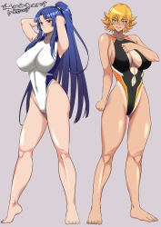 Rule 34 | 2girls, artist request, barefoot, black one-piece swimsuit, blonde hair, blue eyes, blue hair, breasts, cleavage cutout, clothing cutout, competition swimsuit, covered navel, full body, hand in own hair, high ponytail, highleg, highleg swimsuit, hime cut, igawa sakura, large breasts, long hair, looking at viewer, multiple girls, one-piece swimsuit, one breast out, ponytail, red eyes, shiny skin, short hair, simple background, smile, swimsuit, taimanin (series), taimanin asagi, two-tone swimsuit, very long hair, white one-piece swimsuit, wide hips, yatsu murasaki
